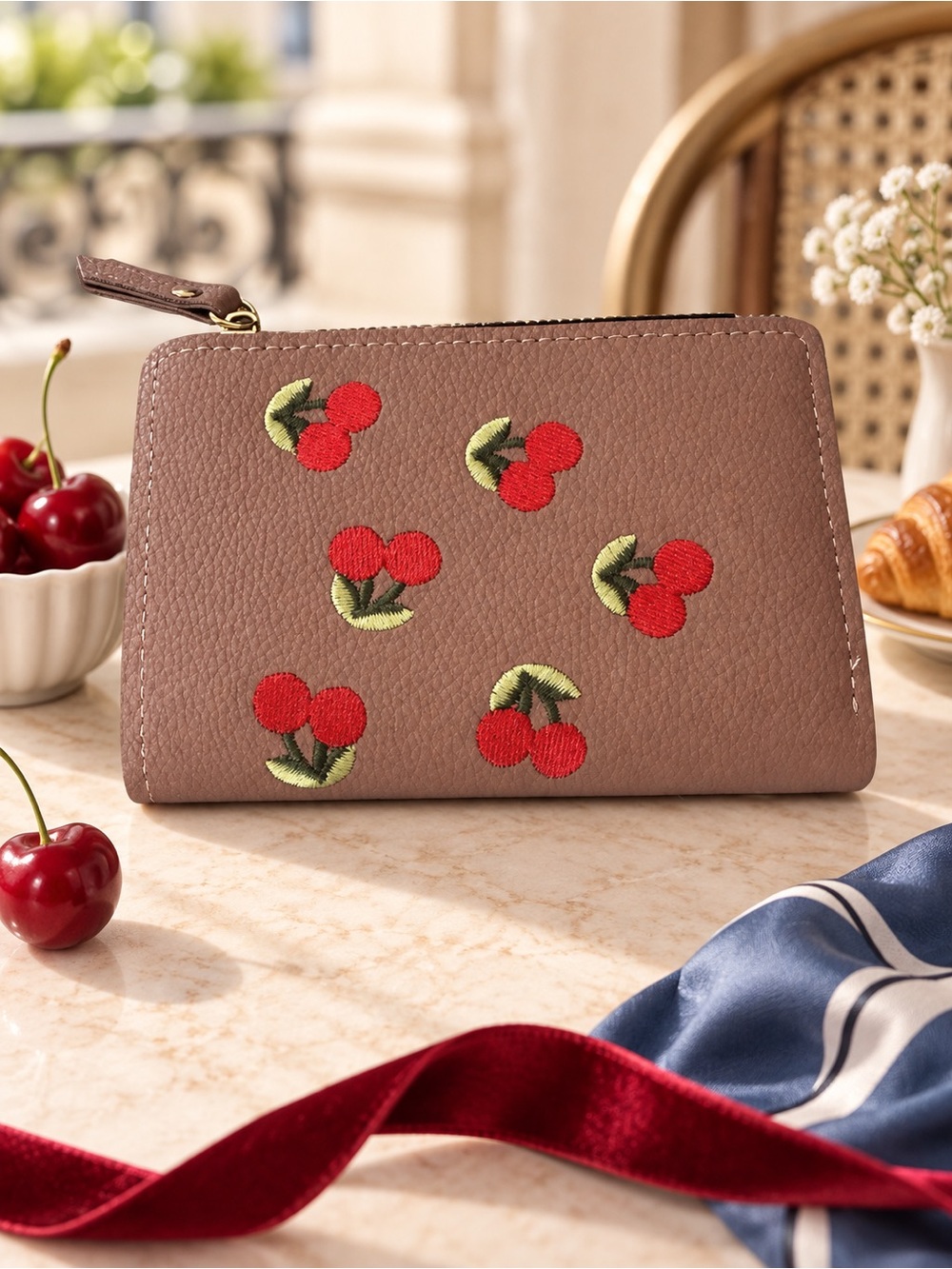 Cherry Embroidered‎ Tan Wallet New 5" x 3.5 x 1" Tan Vegan Leather